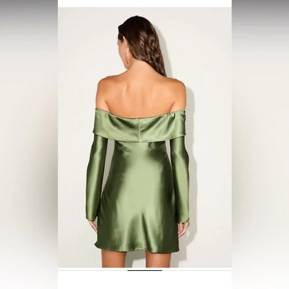 Lulu's Satin Olive Long Sleeve Dress - Picture 3 of 4
